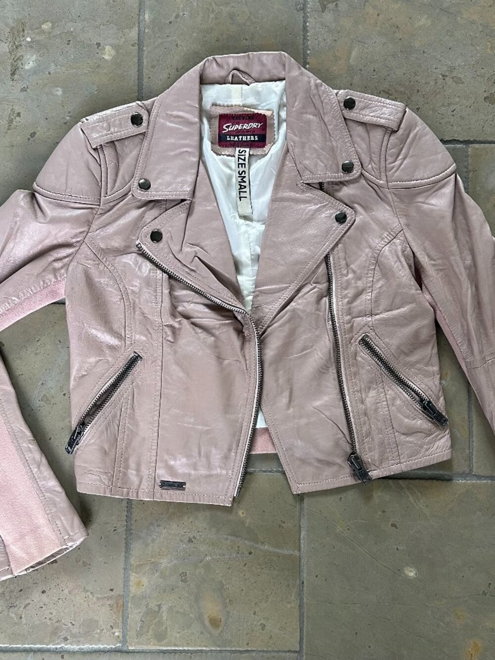 Superdry Cropped Biker Jacket Size S – Light Pink Mixed Leather & Fabric